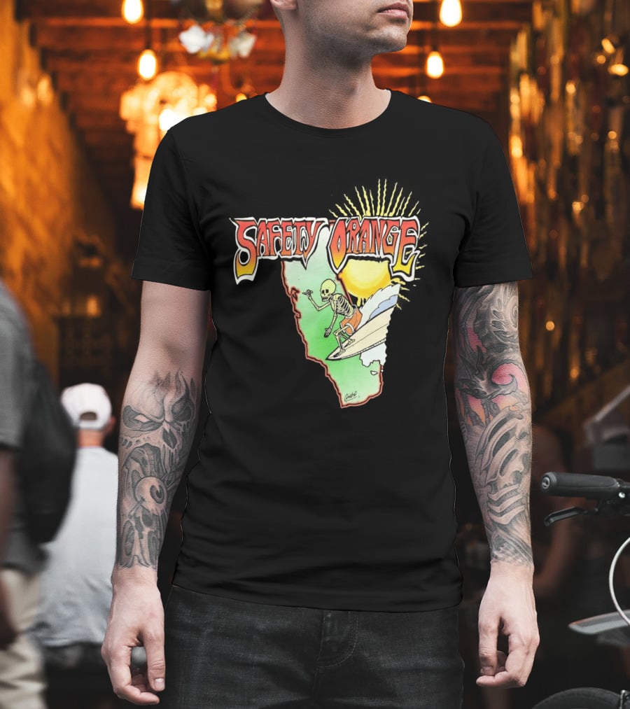 Safety Orange Skeleton Surfing Explosion Scene T-Shirt