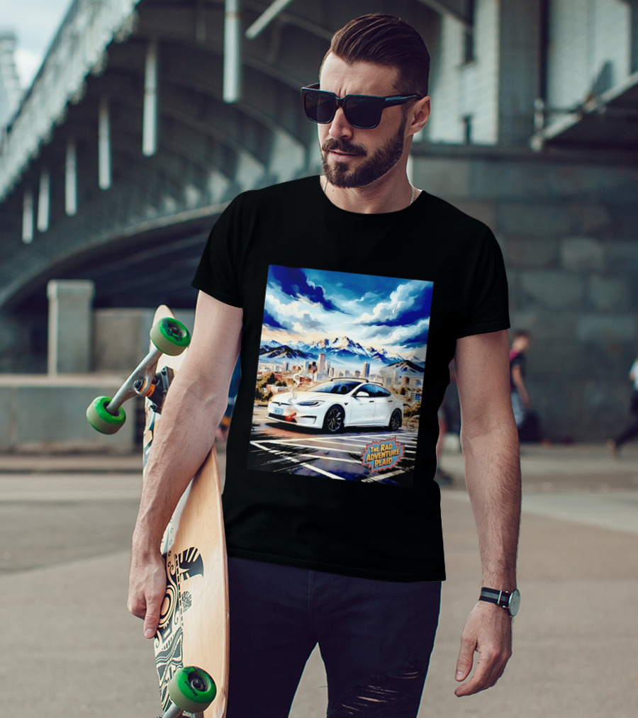 The Rad Adventure Plaid Electric Car Scenic Mountain Cityscape T-Shirt