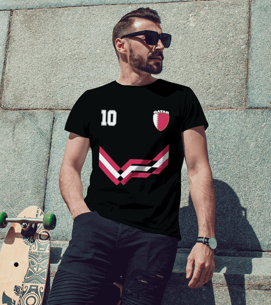 Akram Afif Qatar 10 Soccer Badge Red Chevron T-Shirt