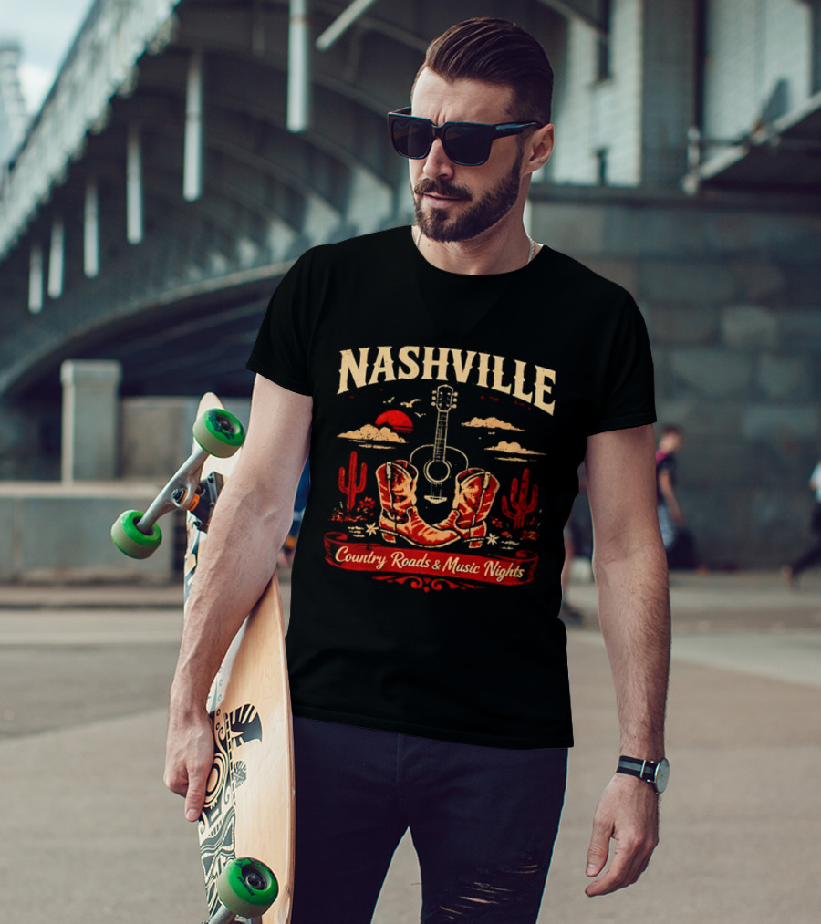 Nashville Country Roads Music Nights Boots Guitar Desert Cactus Moon Clouds T-Shirt