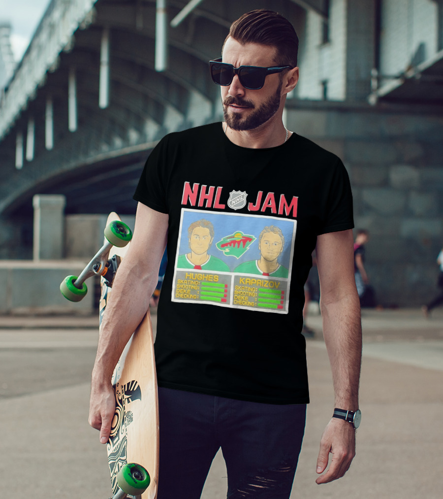 NHL Jam Hughes Kaprizov Minnesota Wild Skating Shooting Deke Checking T-Shirt