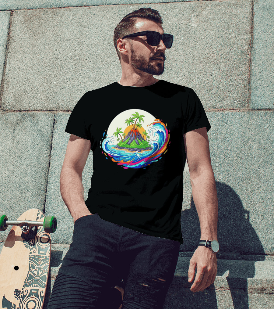 Sure! Here's The New Title: "Tropical Island Volcano At Sunset With Ocean Waves T-Shirt