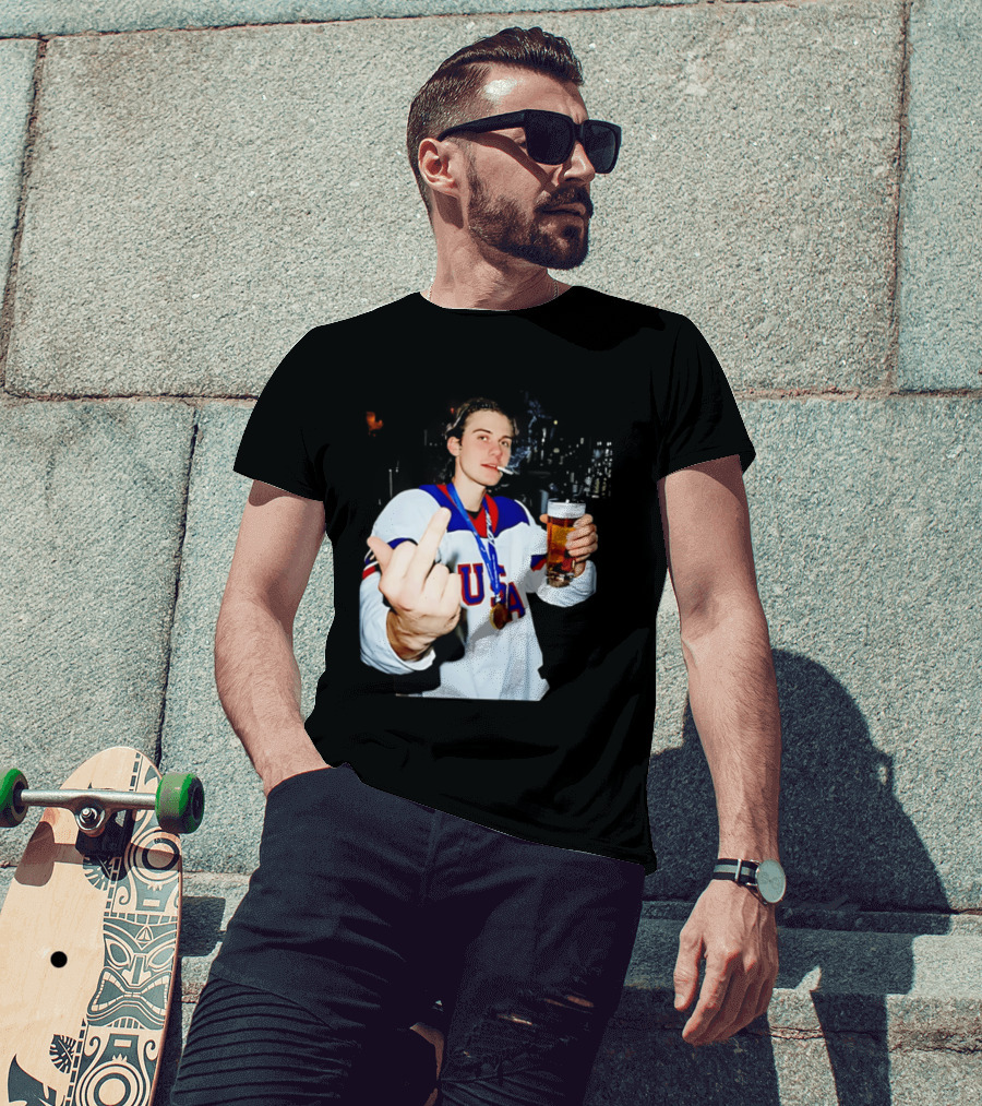 USA Hockey Player Victory Celebration Smoking Beer Middle Finger T-Shirt