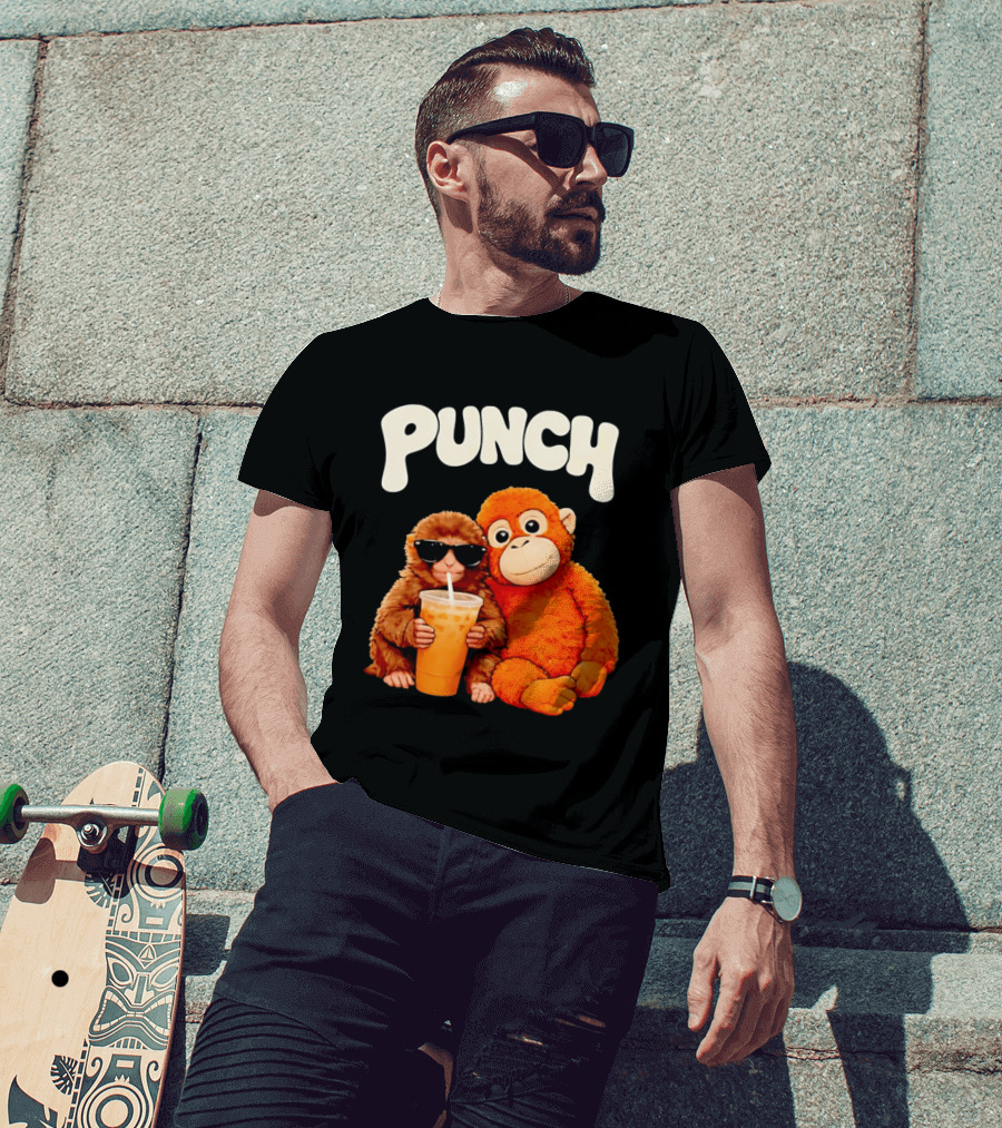 PUNCH Brown Monkey With Orange Plush And Iced Drink T-Shirt