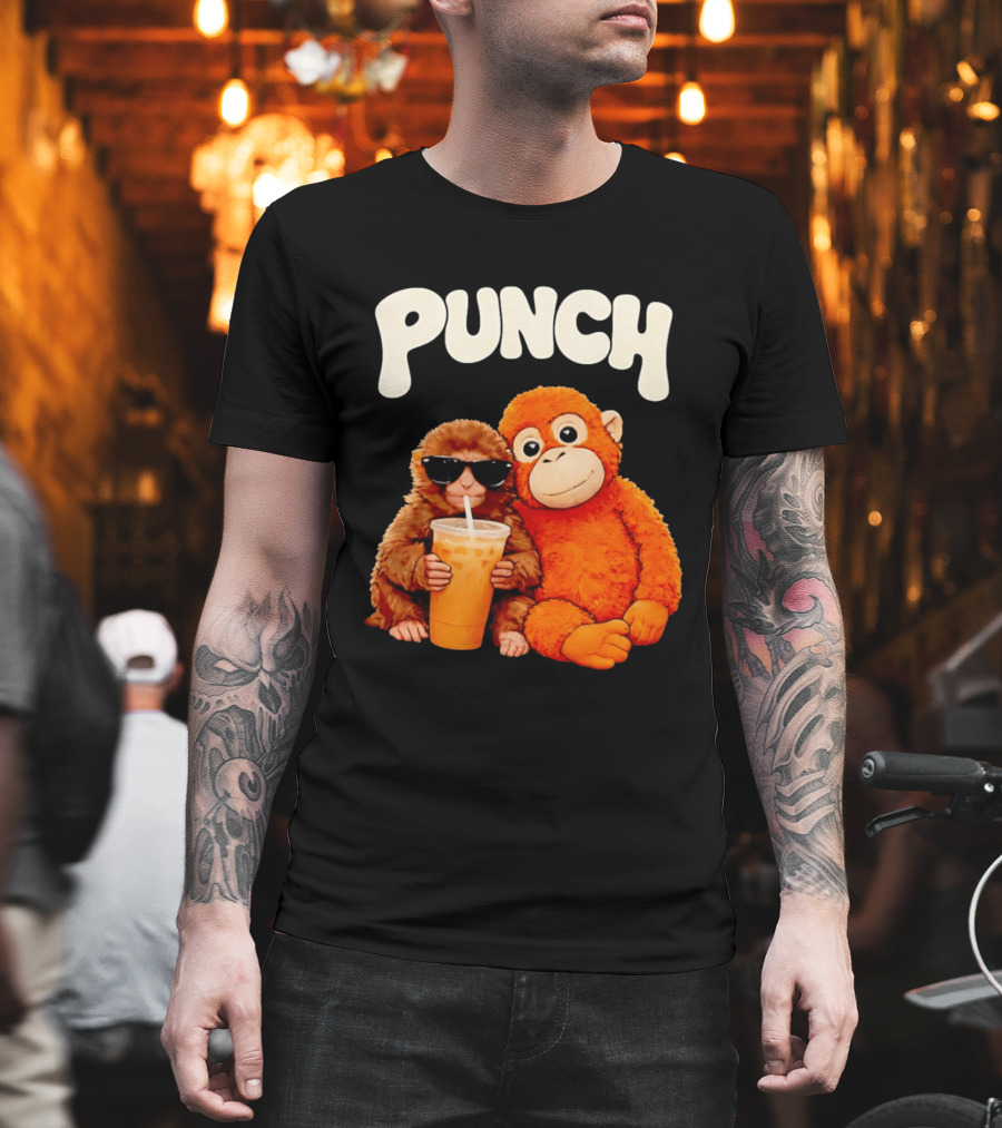 PUNCH Brown Monkey With Orange Plush And Iced Drink T-Shirt