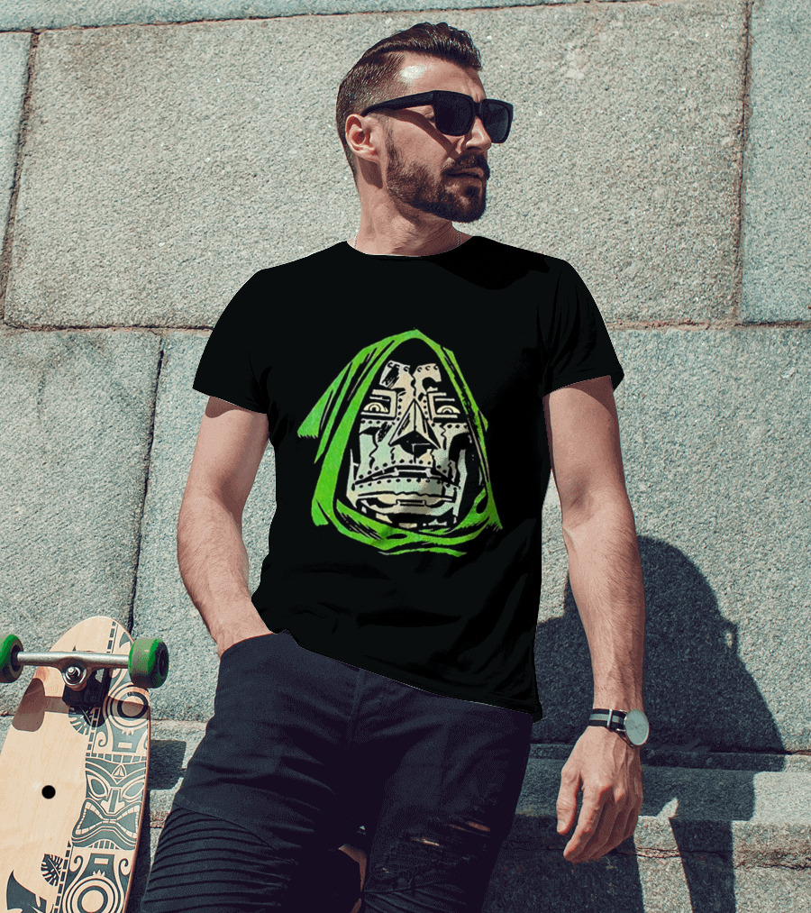 Victor Von Doom Dr Doom Comic Face Drawing Green Hood T-Shirt