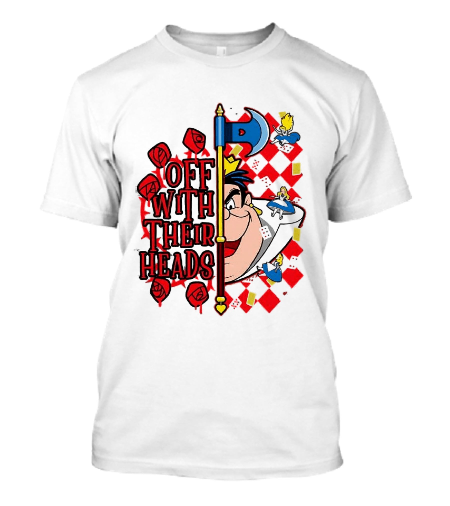 Off With Their Heads Queen Hearts Alice In Wonderland Axe Chessboard Cartoon T-Shirt