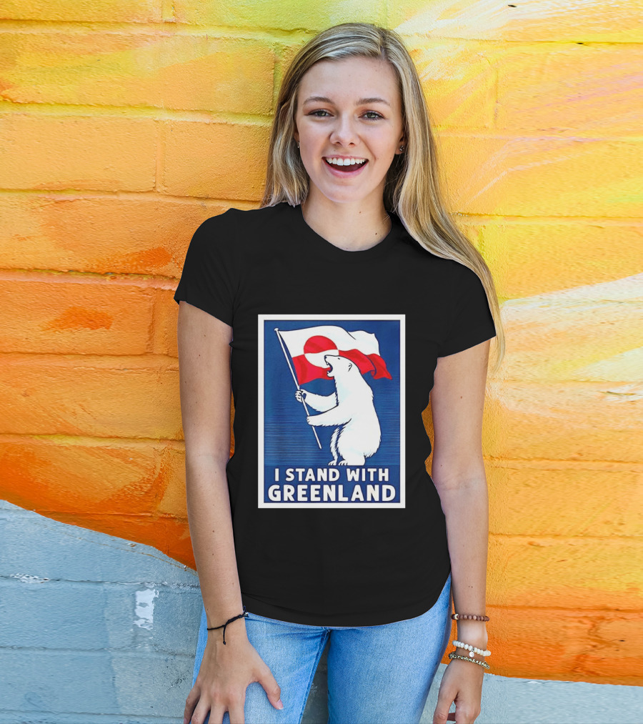 I Stand With Greenland Polar Bear Holding Flag Solidarity Banner T-Shirt