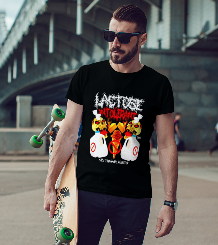 Lactose Intolerant Skulls Milk Jugs No Ice Cream My Tummy Hurts T-Shirt