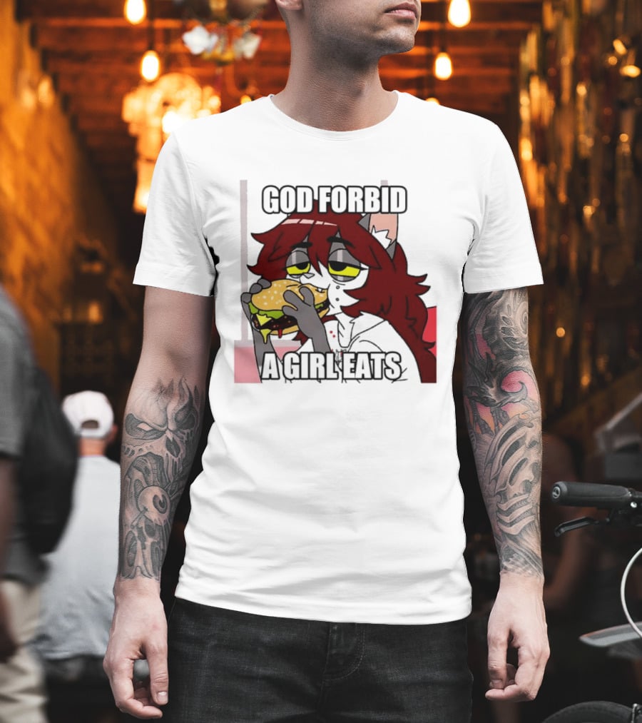 God Forbid A Girl Eats Lazy Cartoon Character Eating Burger T-Shirt