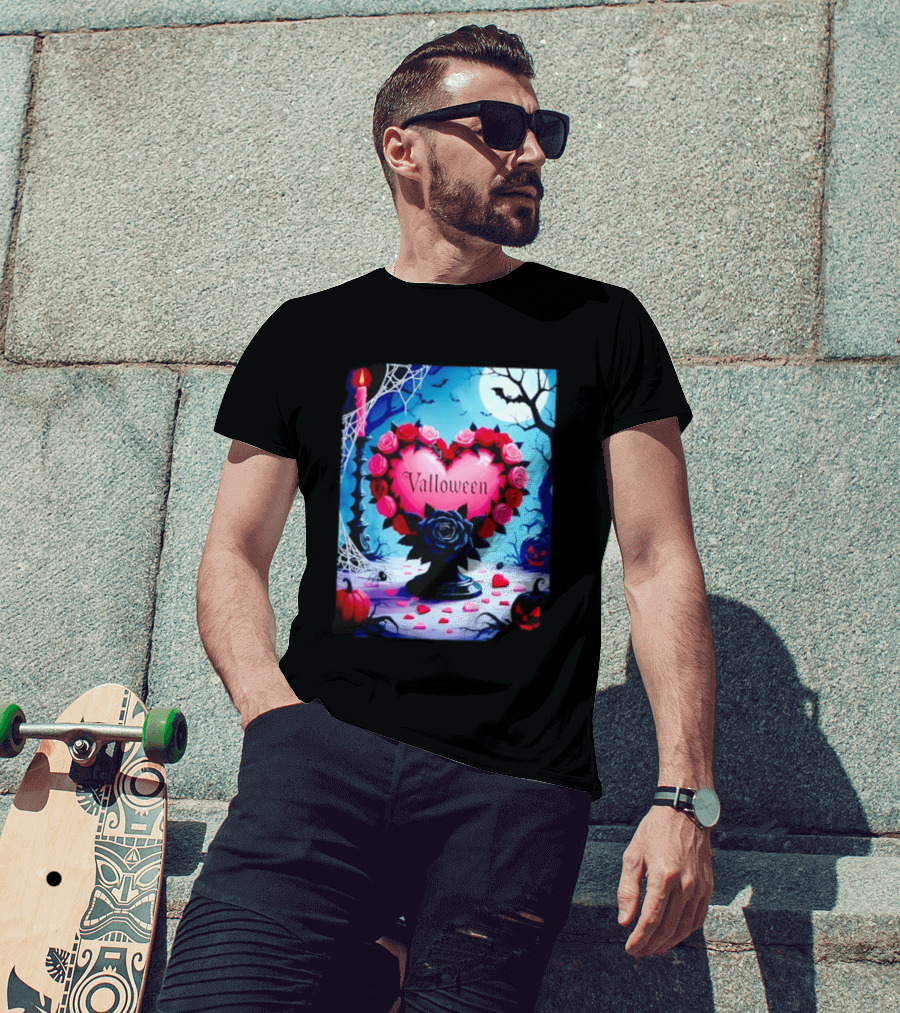 Valloween Romance And Menace Heart Rose Candle Moonlit Halloween T-Shirt