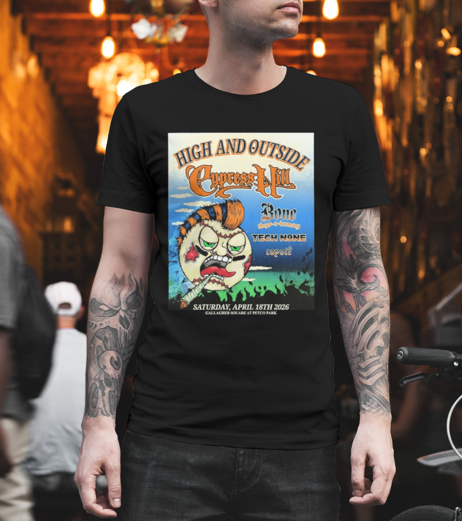 High And Outside Cypress Hill Bone Thugs N Harmony Tech N9ne Coyote Gallagher Square Petco Park April 18 2026 T-Shirt