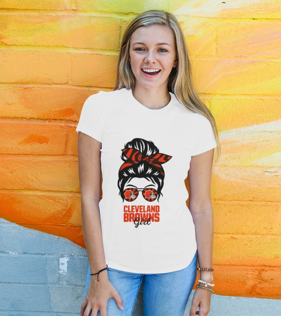 Cleveland Browns Fan Messy Bun Sunglasses T-Shirt