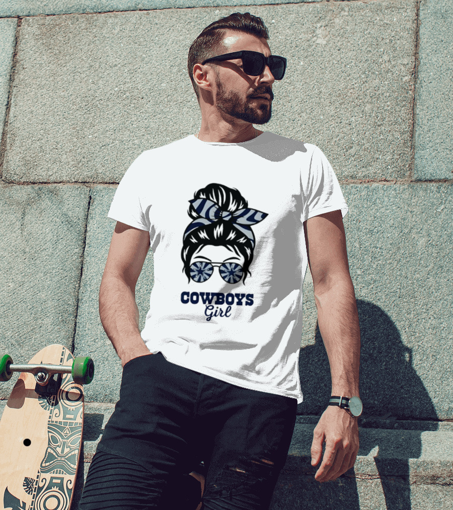 Dallas Cowboys Girl Messy Bun With Glasses And Star T-Shirt