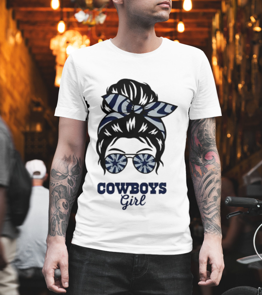 Dallas Cowboys Girl Messy Bun with Glasses and Star T-Shirt