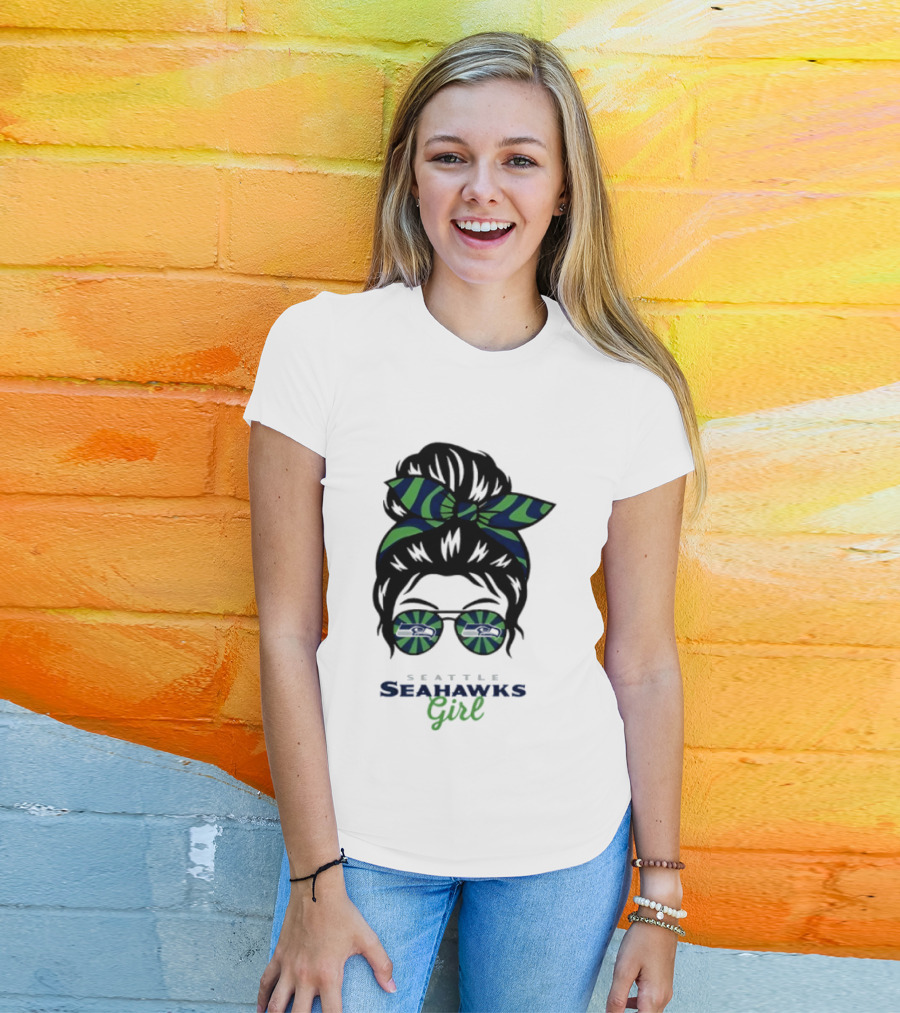 Seattle Seahawks Girl Messy Bun Glasses Team Spirit Fan Gear T-Shirt