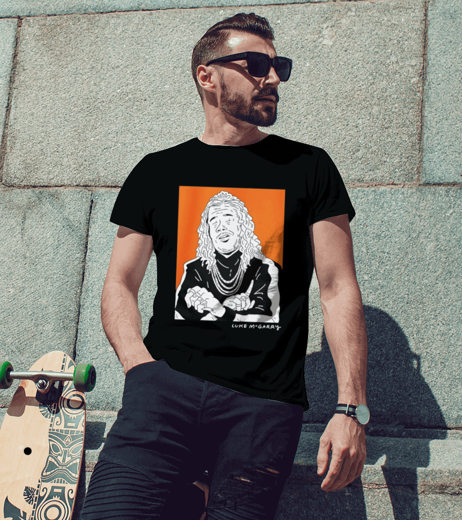 Luke McGarry Cartoon Character With Long Hair And Chains On Orange T-Shirt