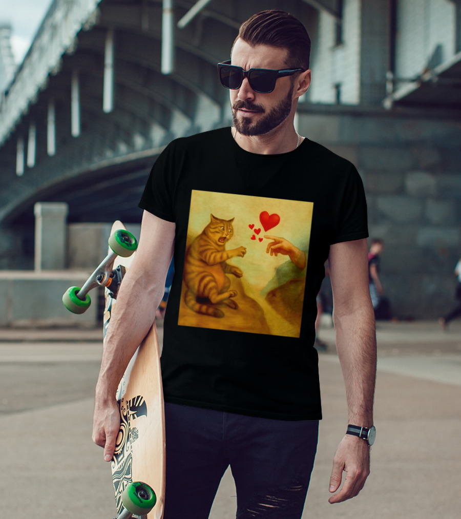 Cat Swatting God's Hand Surrounded By Hearts T-Shirt