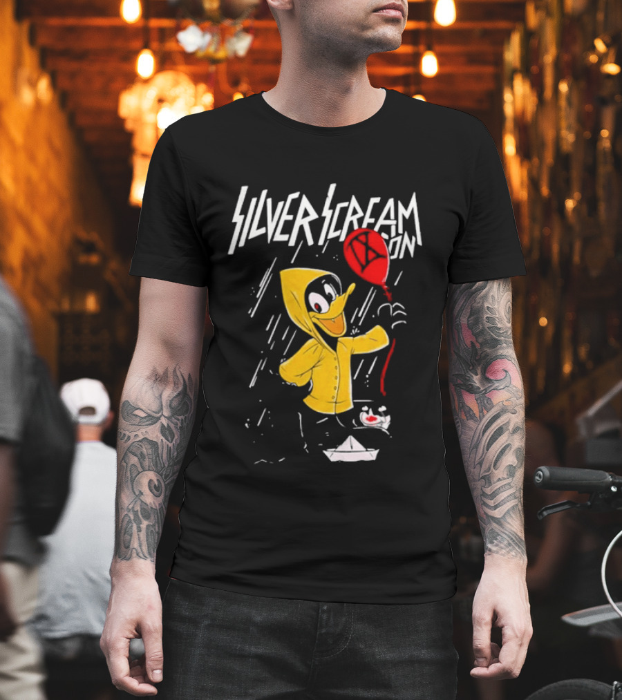 SILVER SCREAM CON Duck in Yellow Raincoat with Red Balloon T-Shirt