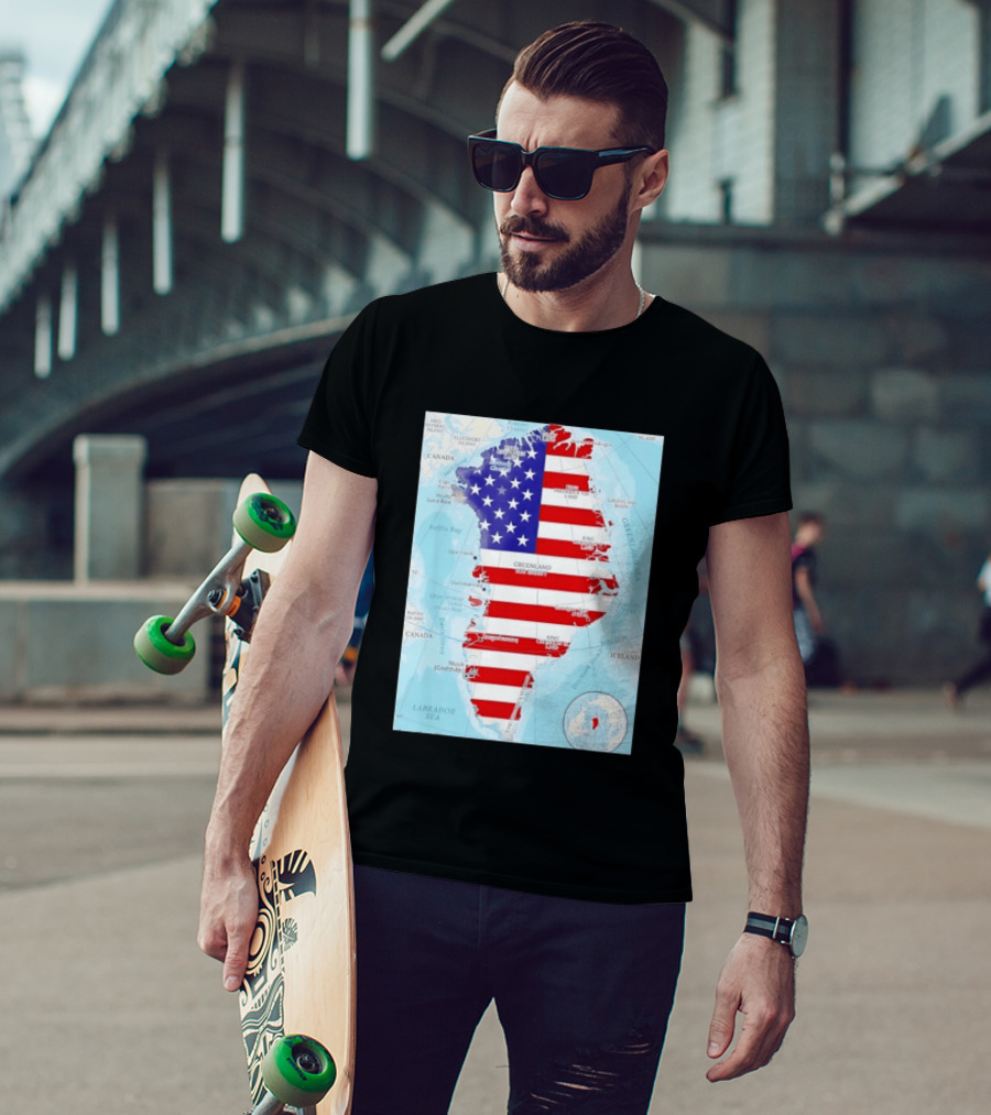 USA Flag Over Greenland Map American Patriot T-Shirt