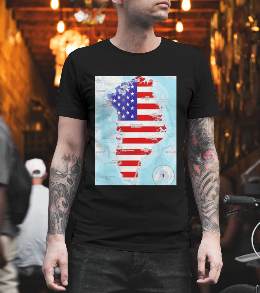 USA Flag Over Greenland Map American Patriot T-Shirt