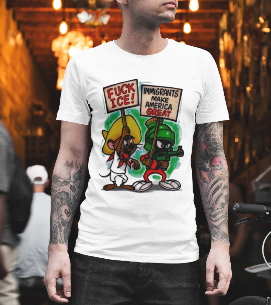 Fuck Ice Immigrants Make America Great Characters With Signs T-Shirt