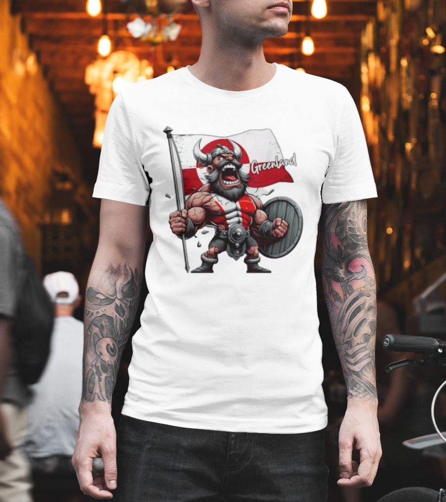 Greenland Viking Warrior Holding Shield and Flag T-Shirt