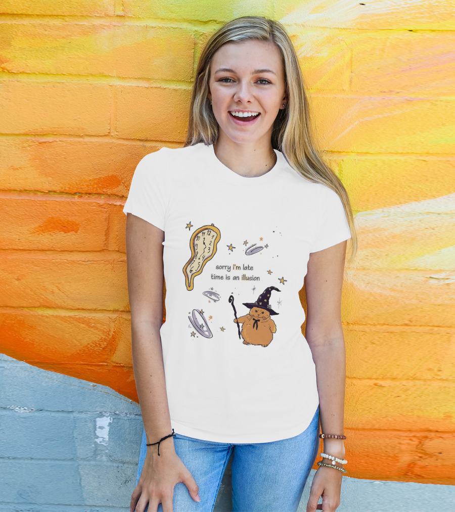 Sorry I'm Late Time Is An Illusion Time Traveling Witch Cat With Melting And Magic Wand T-Shirt