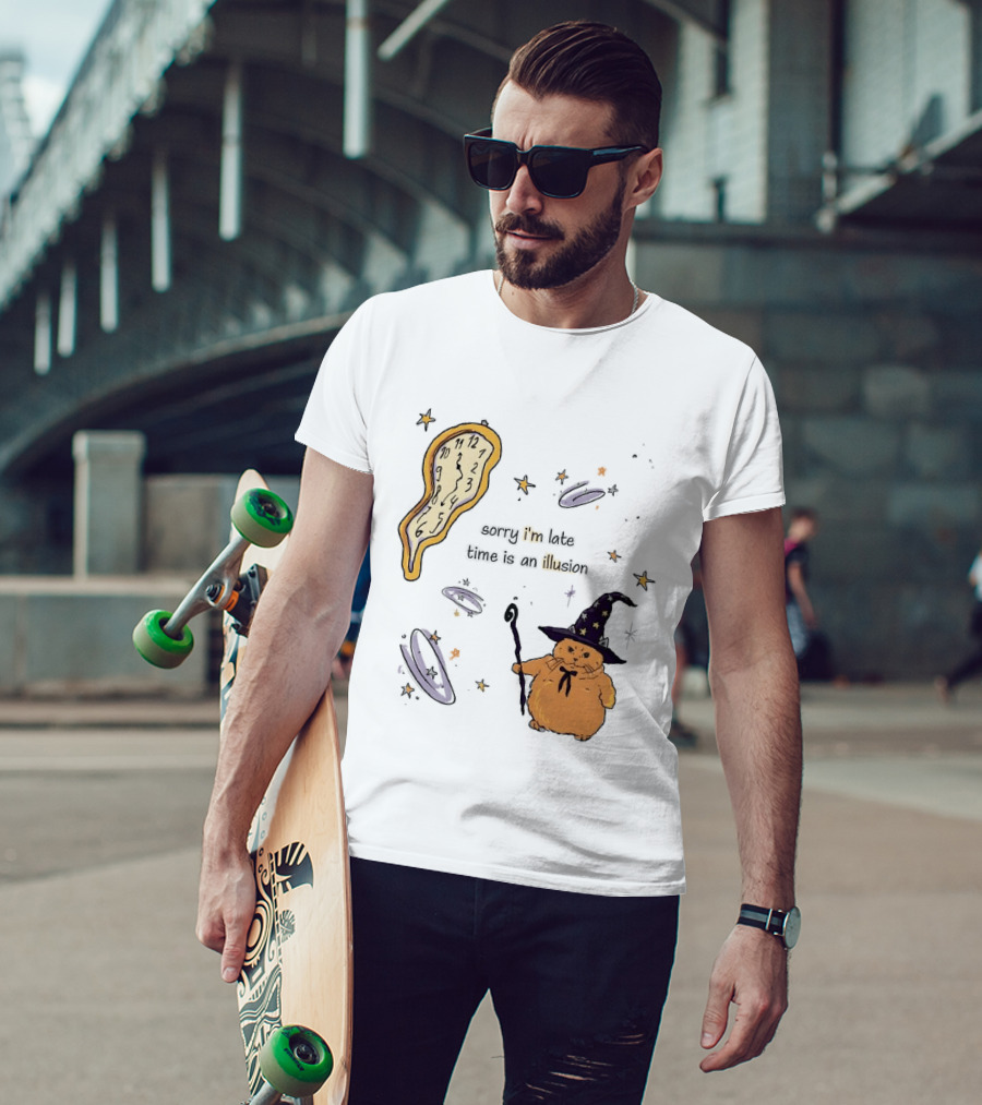 Sorry I'm Late Time Is An Illusion Time Traveling Witch Cat With Melting And Magic Wand T-Shirt