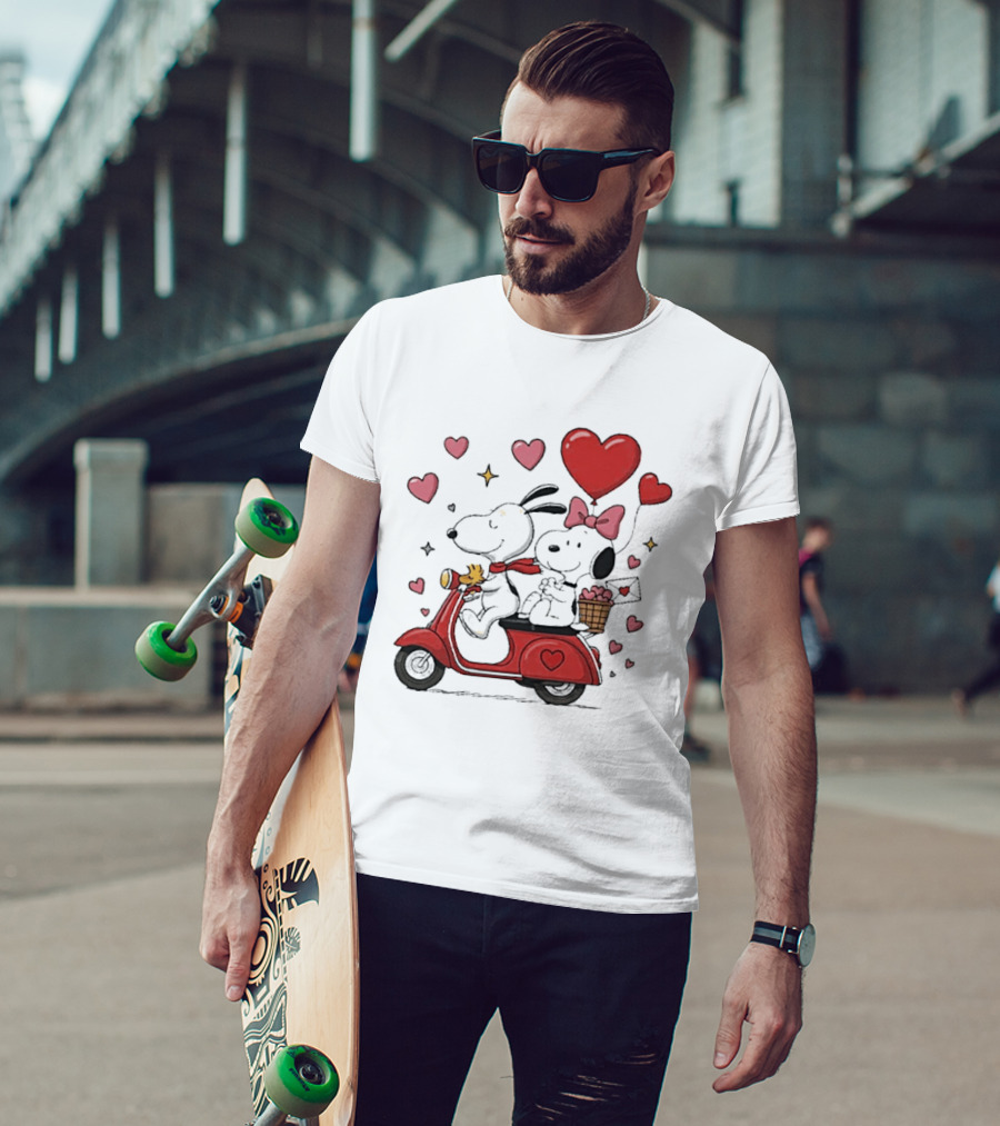 Valentines Day Snoopy Couple Riding Scooter With Hearts And Balloons T-Shirt