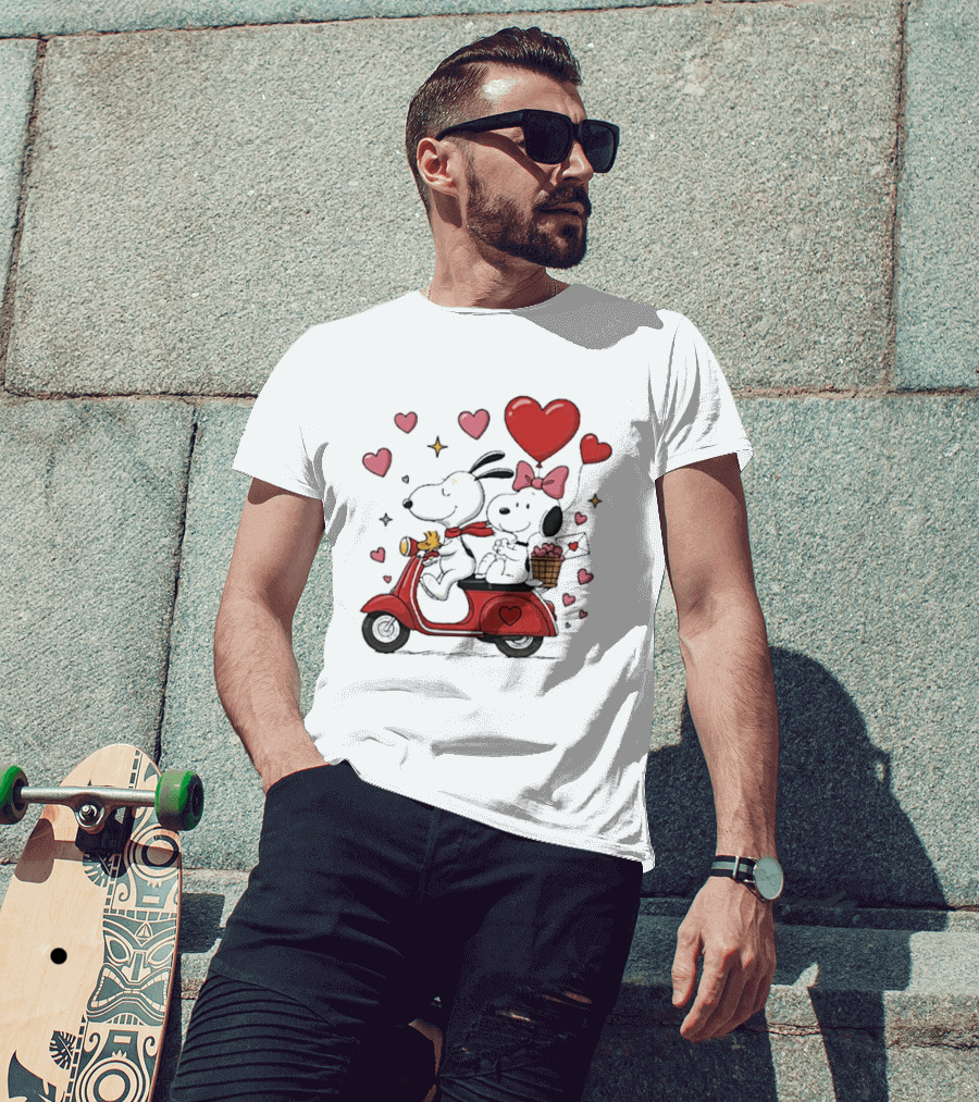 Valentines Day Snoopy Couple Riding Scooter With Hearts And Balloons T-Shirt