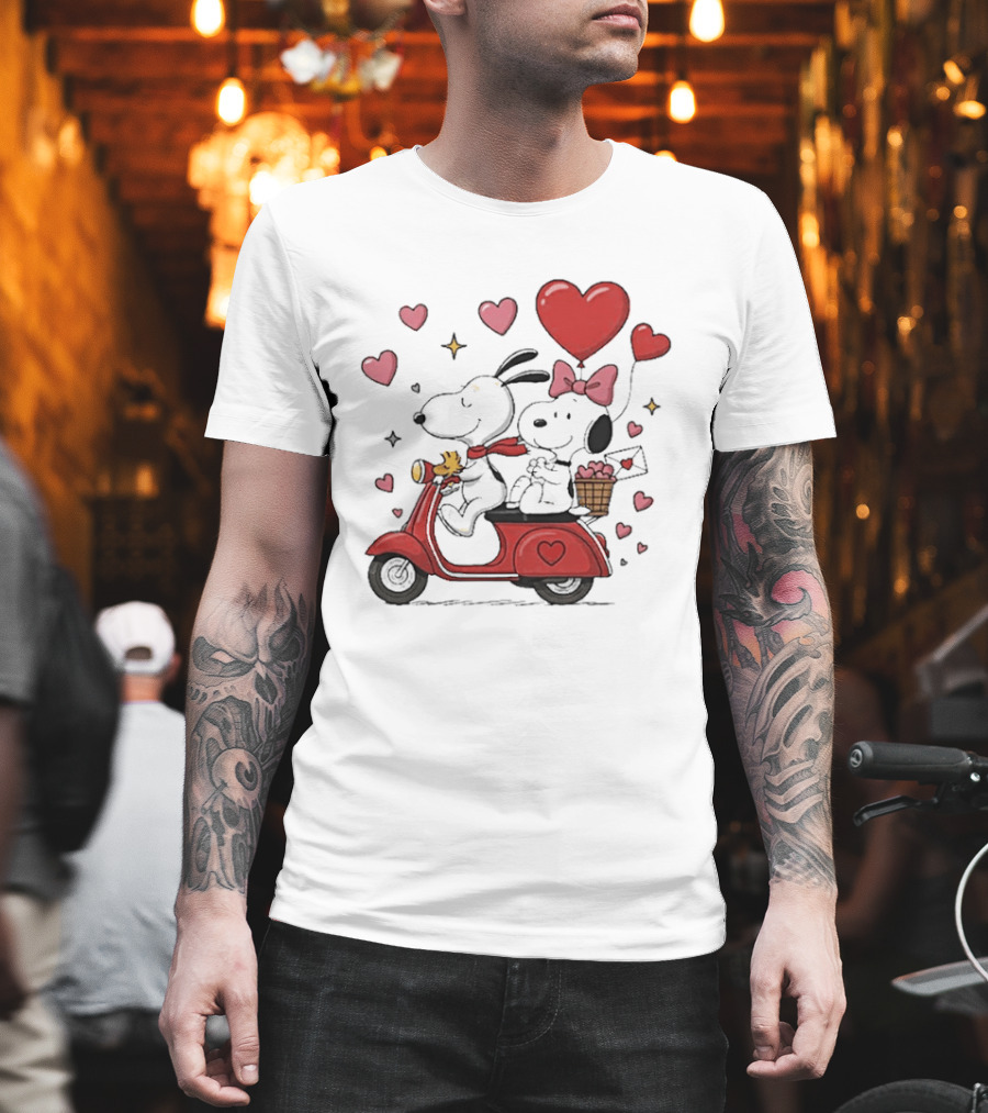 Valentines Day Snoopy Couple Riding Scooter With Hearts And Balloons T-Shirt
