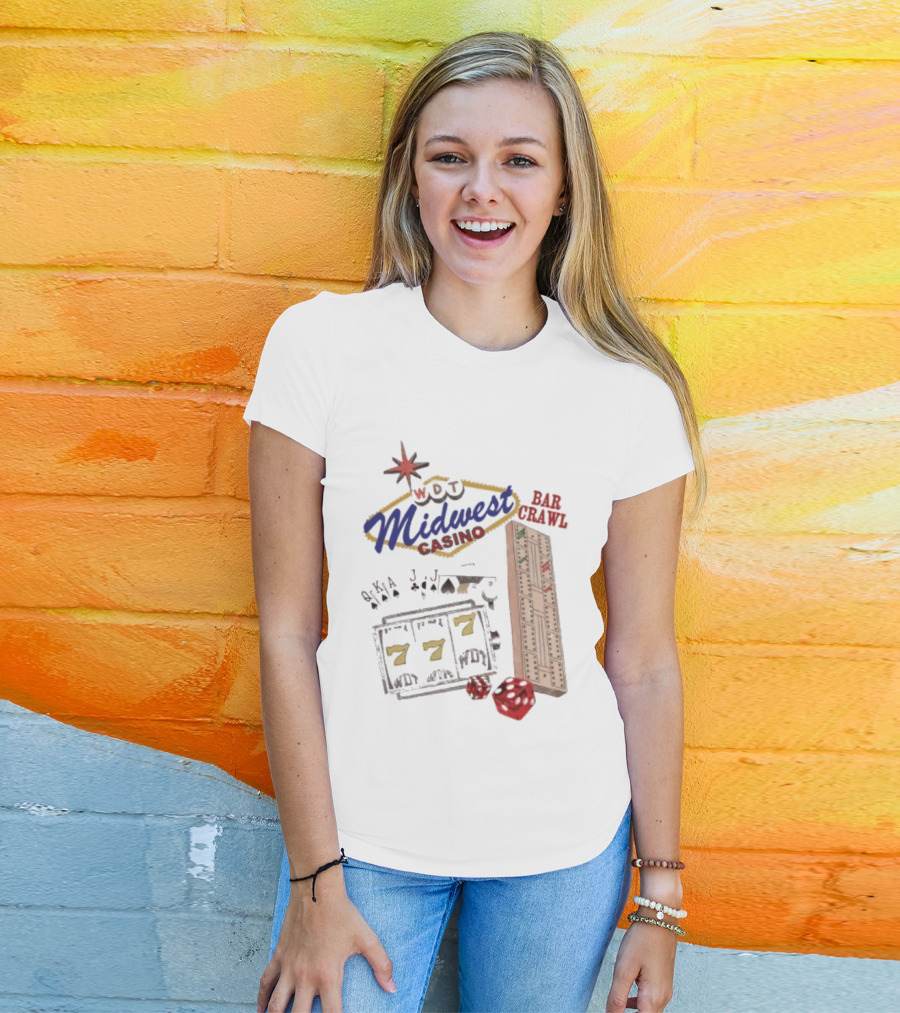 Wisconsin Midwest Casino Bar Crawl Slot Machine Dice Playing Cards Cribbage Board T-Shirt