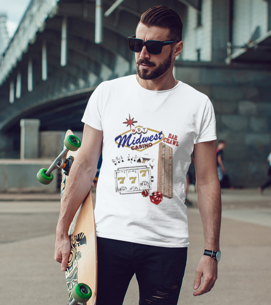 Wisconsin Midwest Casino Bar Crawl Slot Machine Dice Playing Cards Cribbage Board T-Shirt