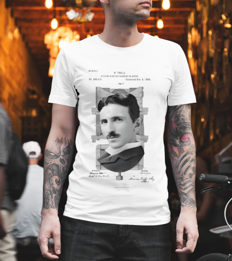 Nikola Tesla Portrait Over Electrical Apparatus Patent Design Image T-Shirt