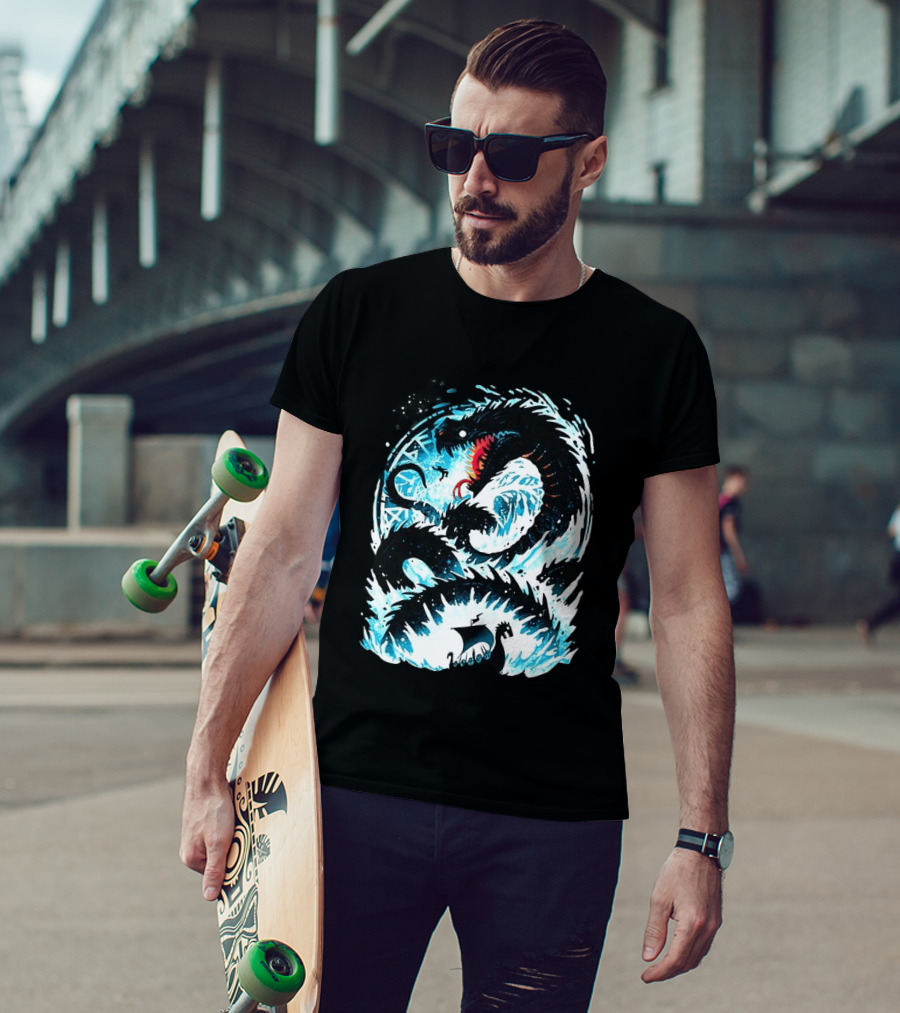 Jörmungandr World Serpent Norse Mythology Viking Ship Ocean Waves T-Shirt