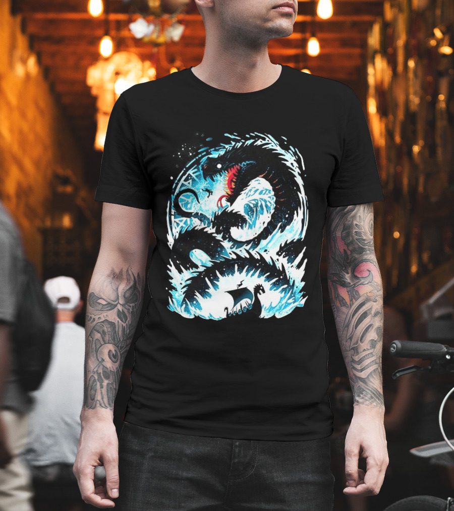 Jörmungandr World Serpent Norse Mythology Viking Ship Ocean Waves T-Shirt
