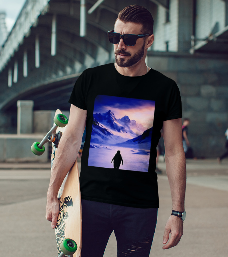 Nihilist Penguin Silhouette In Mountainous Ice Landscape T-Shirt