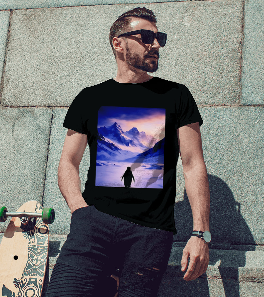 Nihilist Penguin Silhouette In Mountainous Ice Landscape T-Shirt