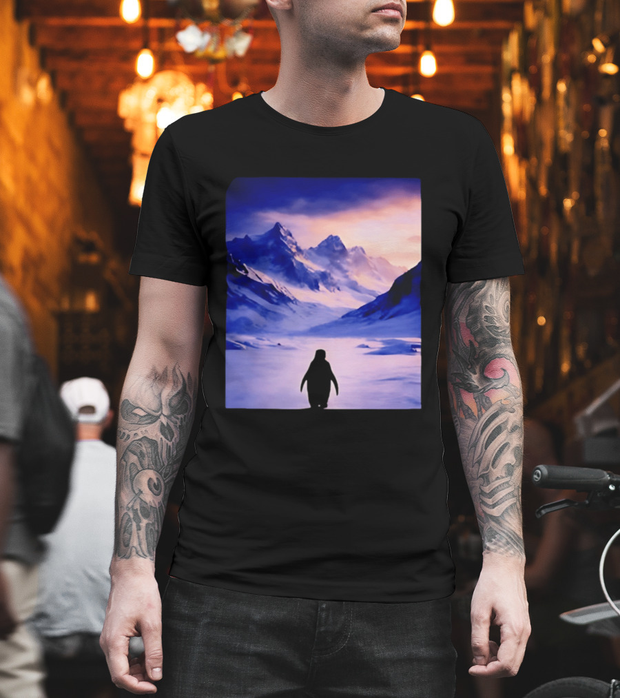 Nihilist Penguin Silhouette in Mountainous Ice Landscape T-Shirt