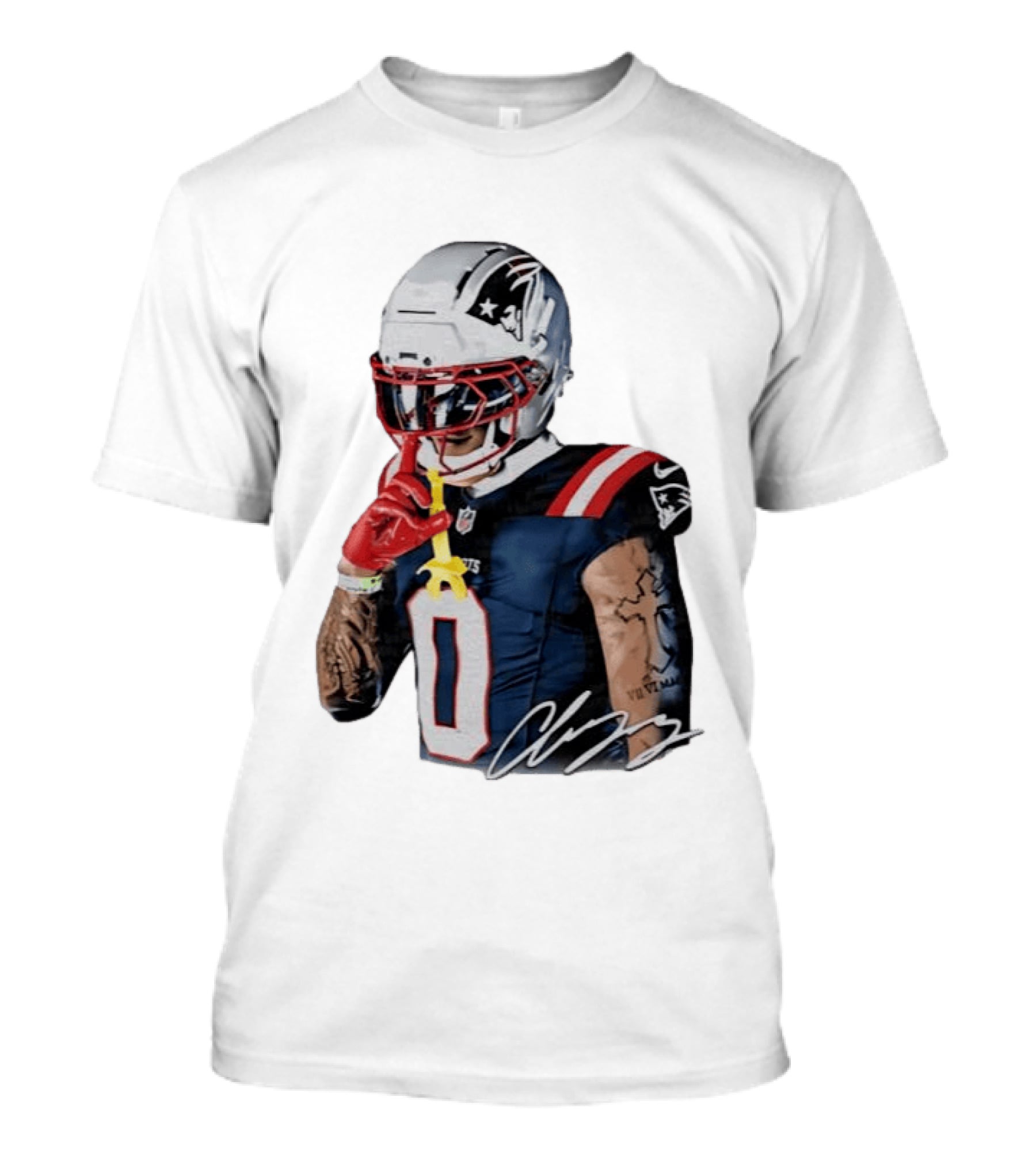 Christian Gonzalez Patriots Number Zero Shh Gesture Helmet Tattoo Football T-Shirt