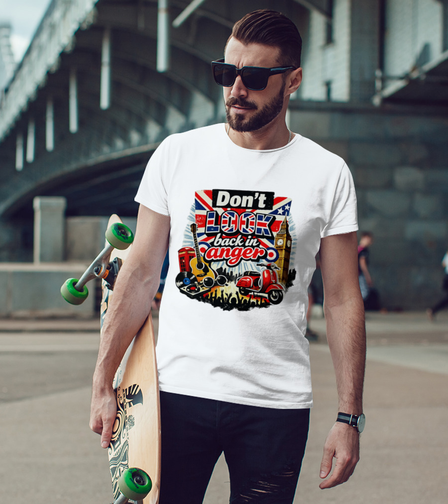 Don't Look Back In Anger UK Flag Vespa Guitar Big Ben Music T-Shirt
