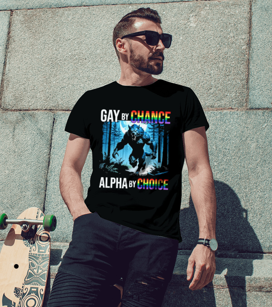 Gay By Chance Alpha By Choice Wolf LGBT Rainbow Forest Moon T-Shirt