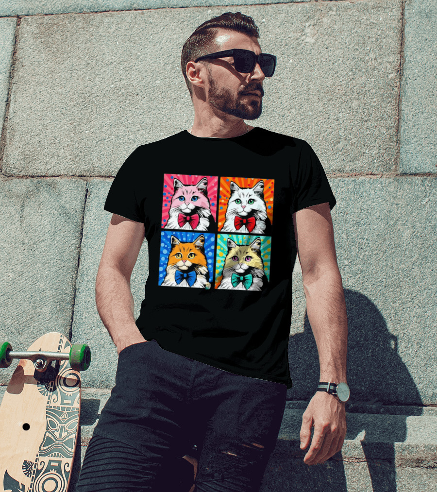 Pop Art Pop Four Panel Colorful Cats Wearing Bowties Kilkennycat T-Shirt