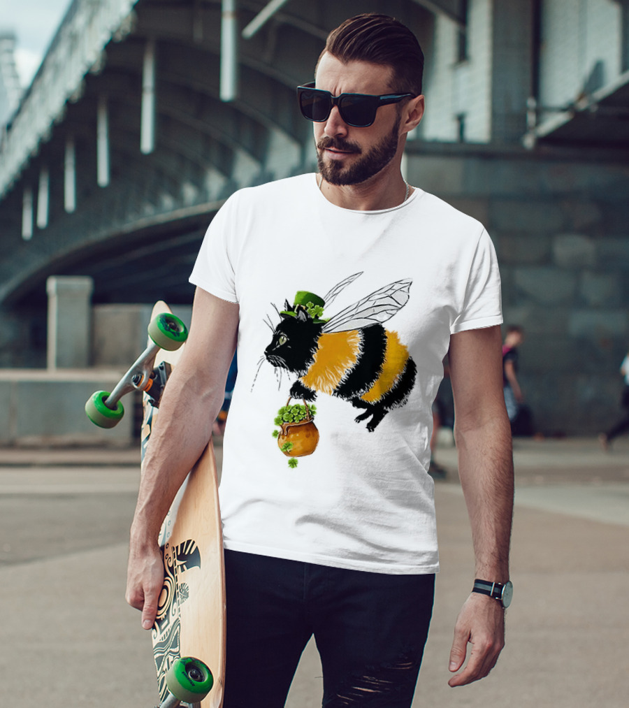 Catbee Lucky Buzz Cat With Clover And Leprechaun Hat T-Shirt