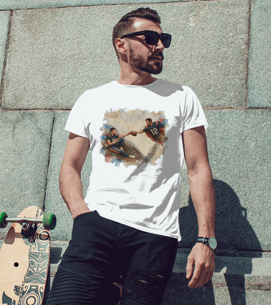 New England Football Brady Number 12 And Maye Number 10 Handing Football Painting T-Shirt