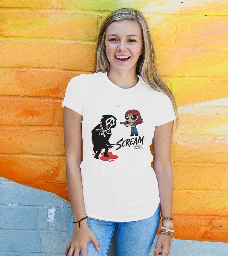 Scream Sidney Vs. Ghostface Cartoon Style Showdown With Knife And Splatter T-Shirt