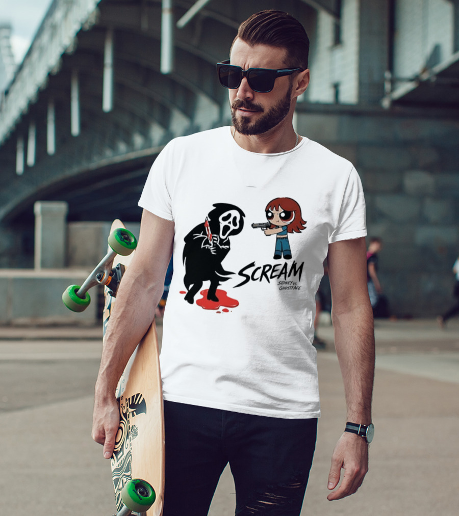 Scream Sidney Vs. Ghostface Cartoon Style Showdown With Knife And Splatter T-Shirt