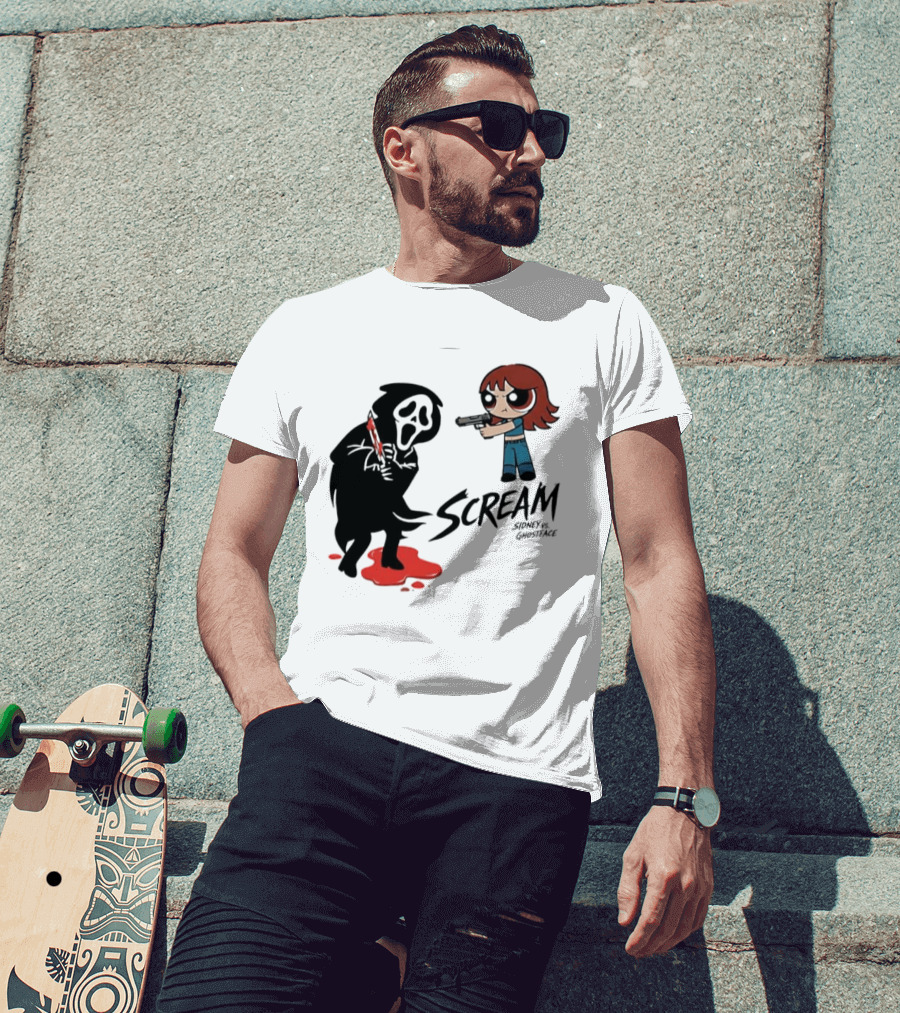 Scream Sidney Vs. Ghostface Cartoon Style Showdown With Knife And Splatter T-Shirt