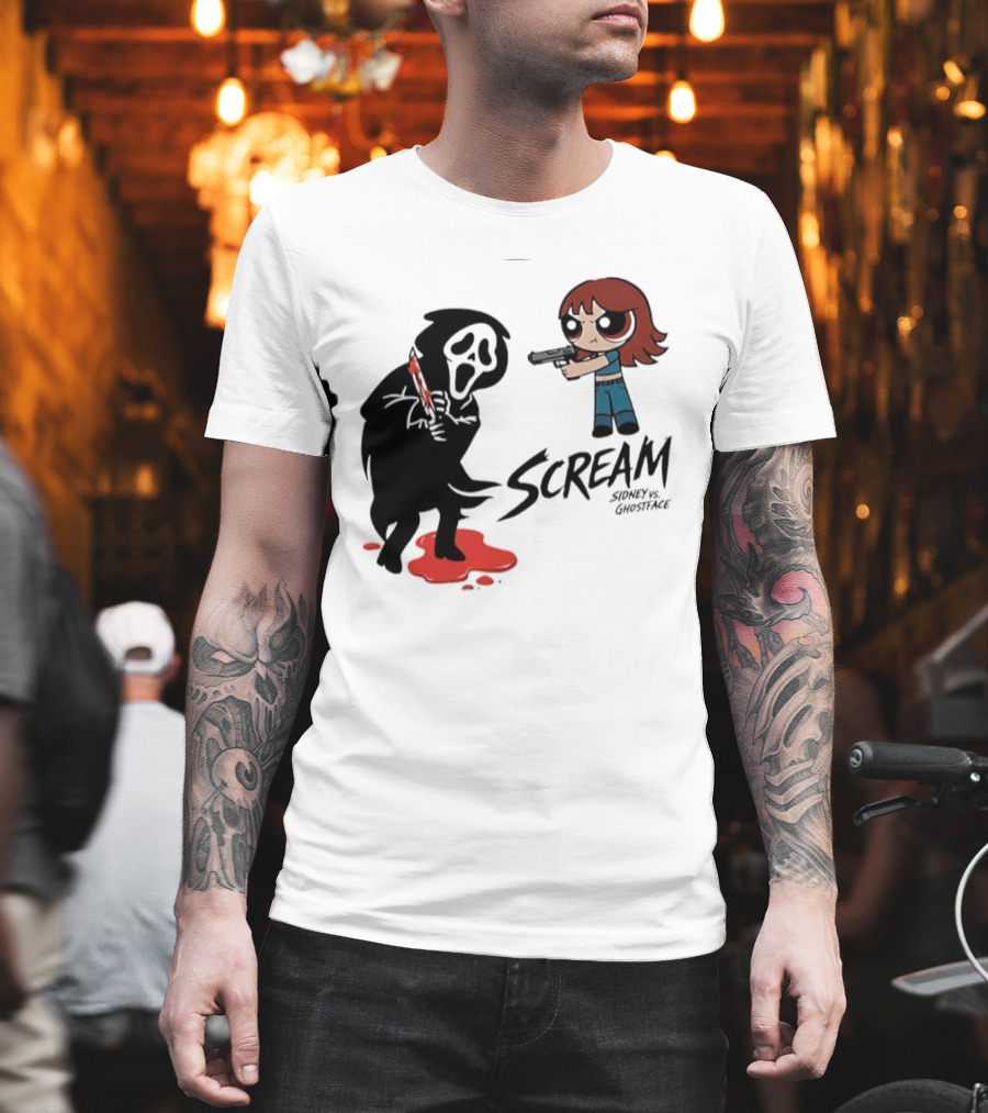 Scream Sidney Vs. Ghostface Cartoon Style Showdown with Knife and Splatter T-Shirt